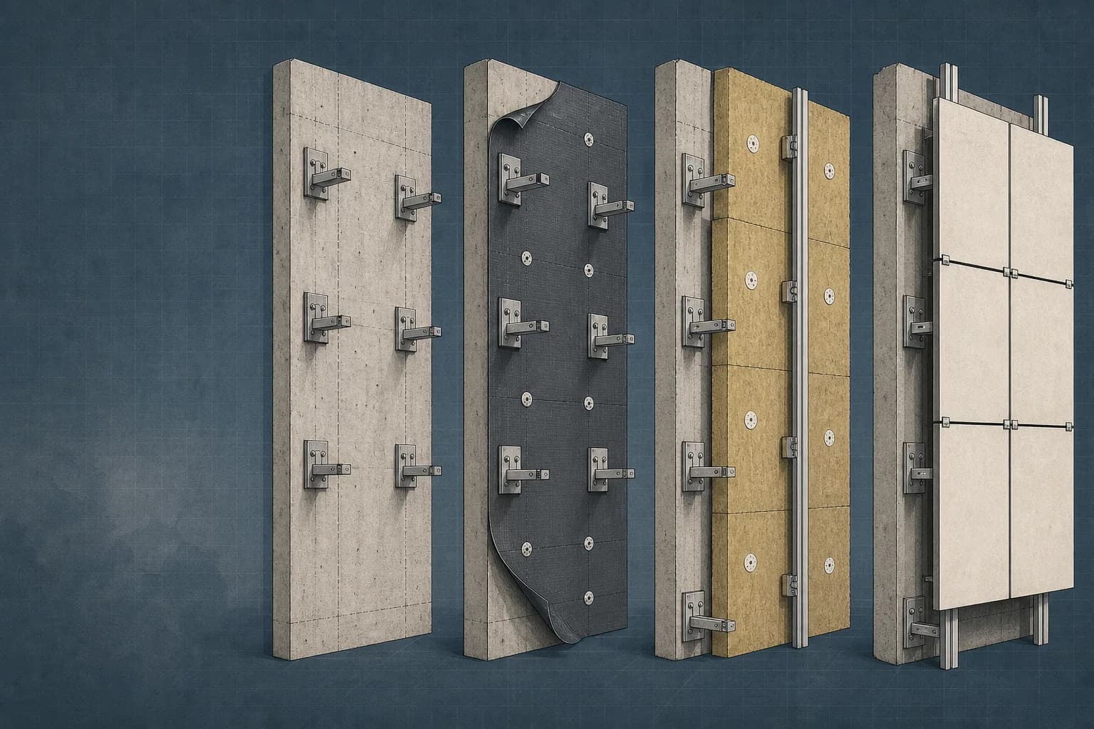 Four-stage facade installation sequence from brackets and membrane to insulation and finished cladding