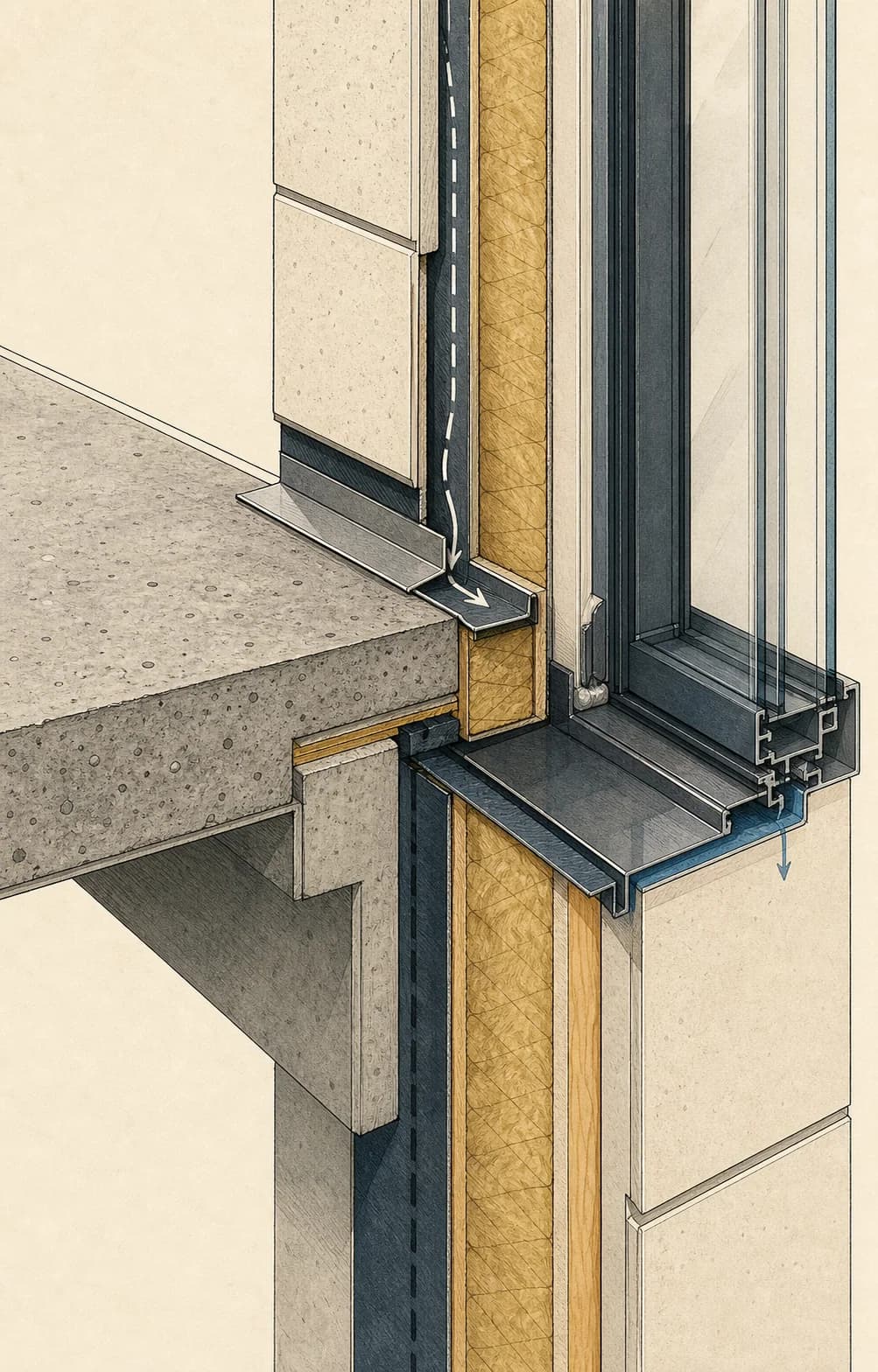 Illustrated cutaway of a window and exterior wall junction showing insulation, flashing, and drainage layers