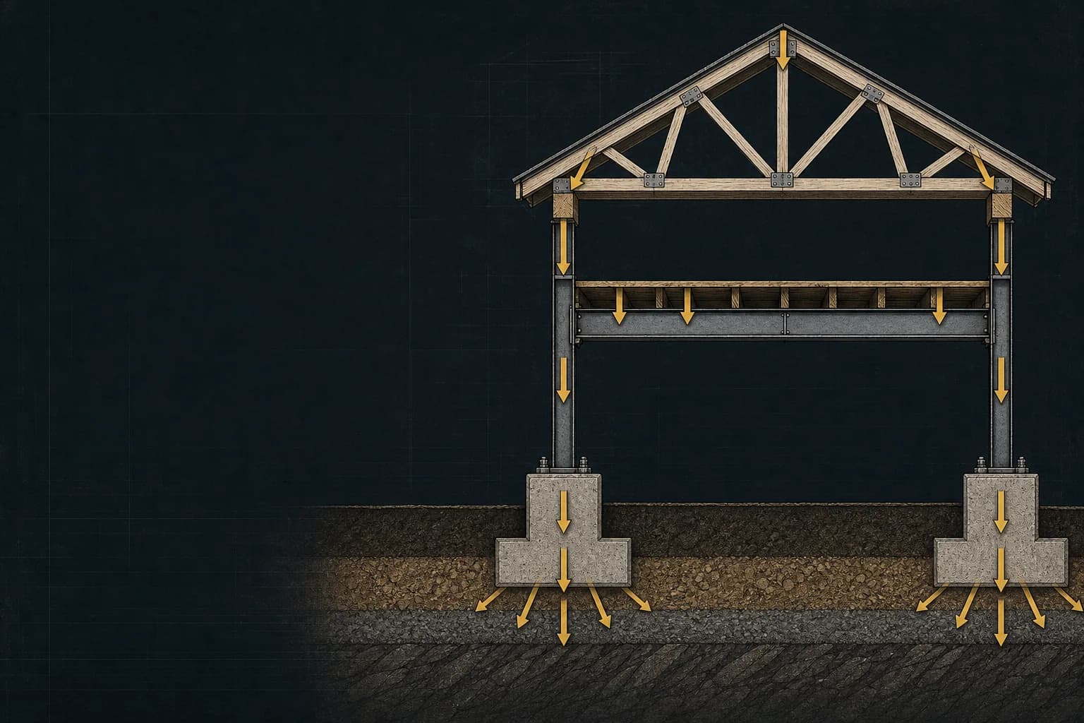 Structural load path from roof truss through beams and columns to footings and soil
